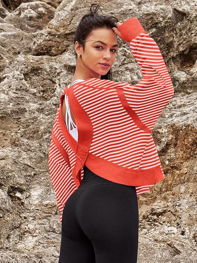 Panadila Womens Open Back Workout Top Long Sleeve Athletic Shirts Casual Crop Running Tee Y2k Yoga
