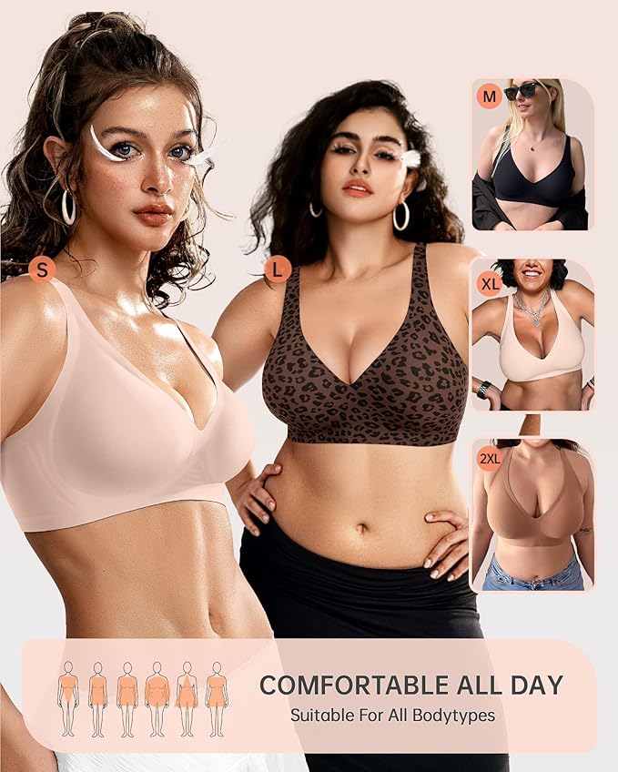 OEAK Womens Deep V Bras Wireless Comfortable Bra Supportive No Underwire Bras Tshirt Push Up Bralettes Plunge Seamless Bra