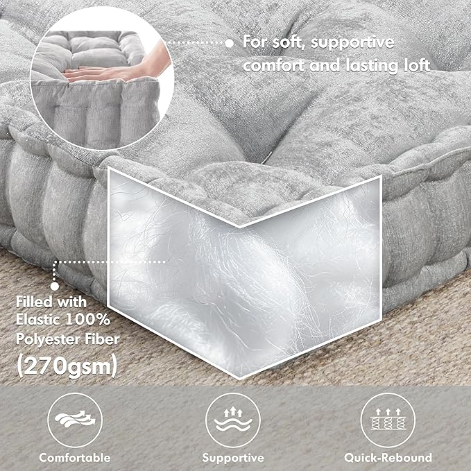 Intelligent Design Azza Floor Pillow, Large Cushions Sitting for Adults, Floor Pillow for Meditation or Yoga, Lustrous Chenille Tufted with Scalloped Edges for Bench/Chair Cushion, 20"x20"x5" Grey