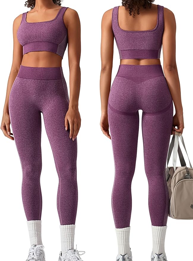 OLCHEE Womens Workout Sets 2 Piece Seamless Square Neck Sports Bra Padded Butt Lifting Leggings High Waist Yoga Gym Outfits