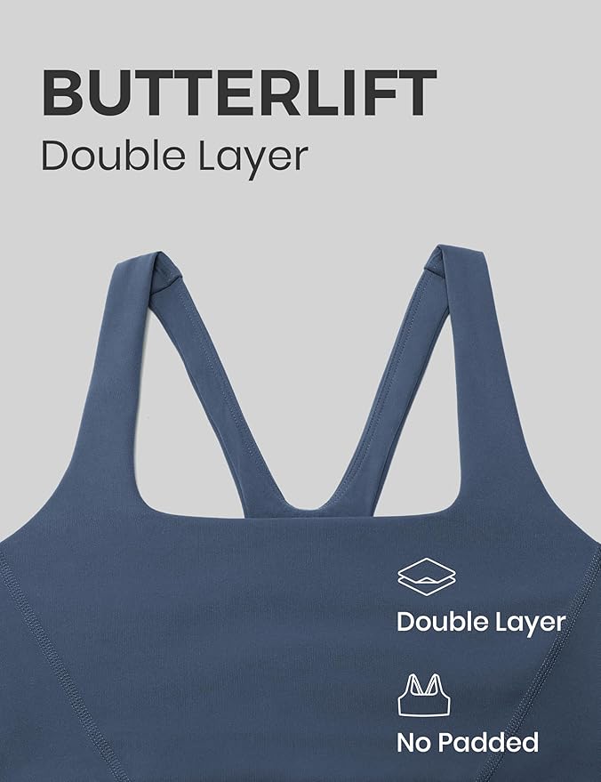 CRZ YOGA Butterlift Double Lined Square Neck Sports Bras for Women - Wireless V-Shaped Racerback Workout Yoga Top Non Padded