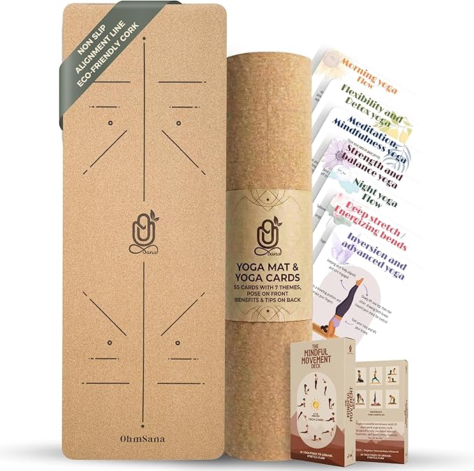 Natural Cork Yoga Mat with Alignment Lines and 55 Instructional Cards in 7 Themes for Beginner - Non-Slip Eco Friendly - 183x66x5mm for Home Workouts, Balance & Precision