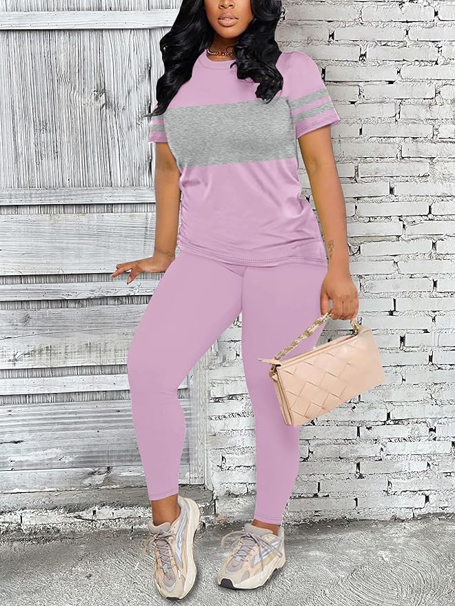 Two Piece Sets for Women Summer Short Sleeve Striped Crewneck Slim Fit Active Casual Sweatsuits