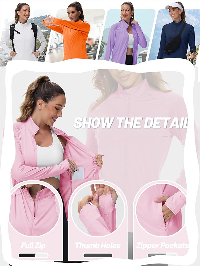 TACVASEN Women's Athletic Jackets Lightweight UV Protection Shirts Full Zip Workout Jacket UPF 50+ Long Sleeve Sun Shirt