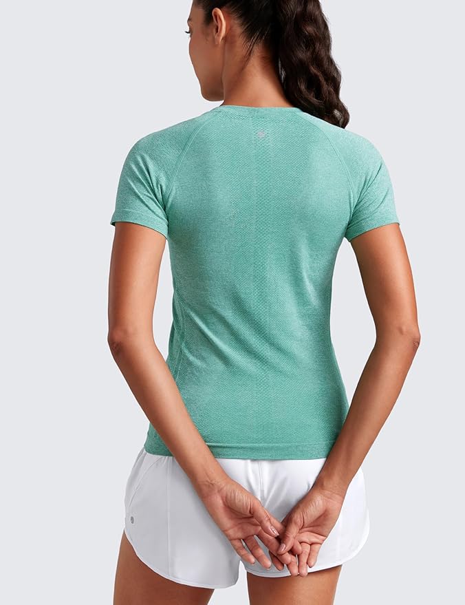 CRZ YOGA Seamless Workout Tops for Women Hip Length - Athletic Running Gym Yoga Short Sleeve Shirts Breathable Crewneck Tees