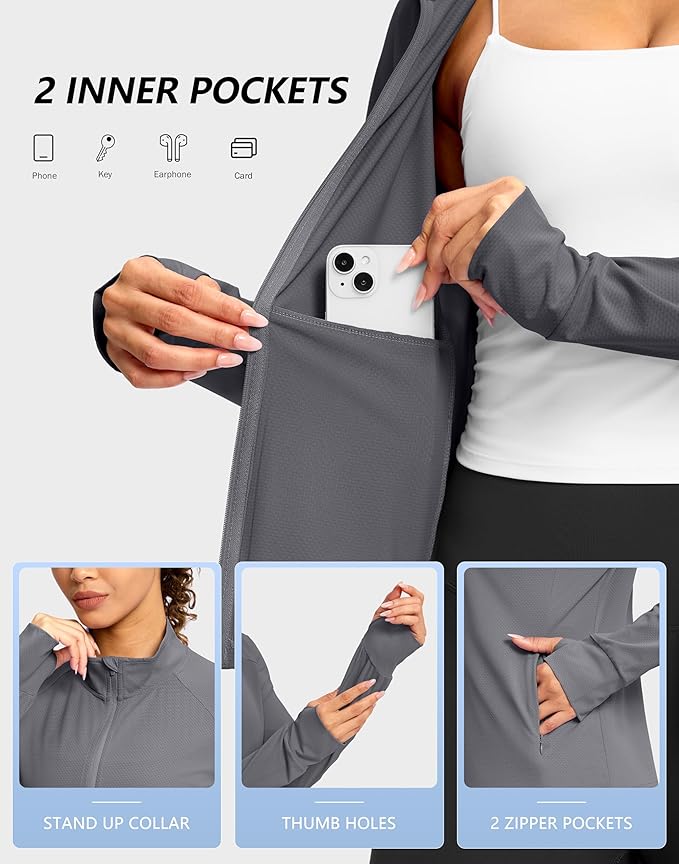G Gradual Women's Lightweight Athletic Jacket Sun Protection UPF 50+ Zip Up 4 Pockets Long Sleeve Shirts Workout Running