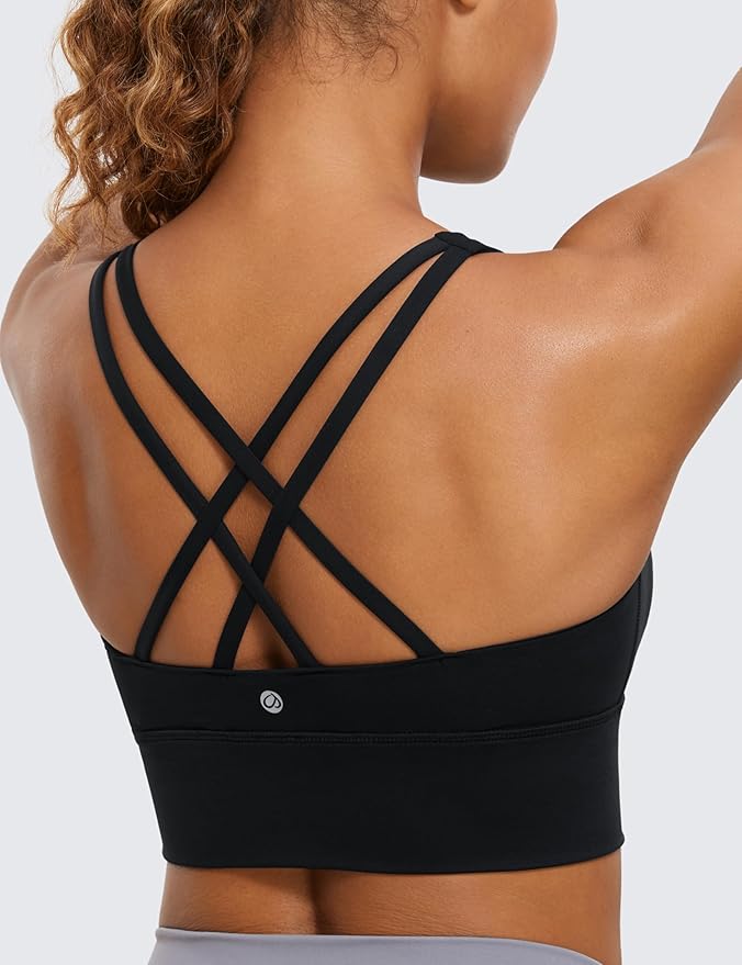 CRZ YOGA Naked Feeling Strappy Longline Sports Bras for Women - Medium Impact Criss Cross Yoga Padded Workout Crop Top