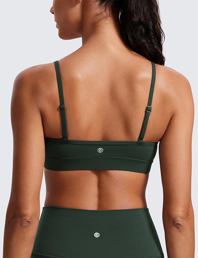 CRZ YOGA Butterluxe V-Neck Sports Bras for Women - Adjustable Thin Straps Padded Yoga Top Basic Wireless Camisole