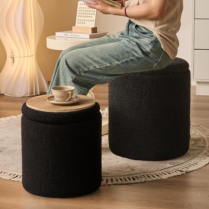 Round Ottoman with Storage Set of 2 - Upholstered Sherpa Vanity Stool for Makeup Multifunctional Ottomans Coffee Table Padded Seat Foot Rest for Living Room & Bedroom (Sherpa, Black)