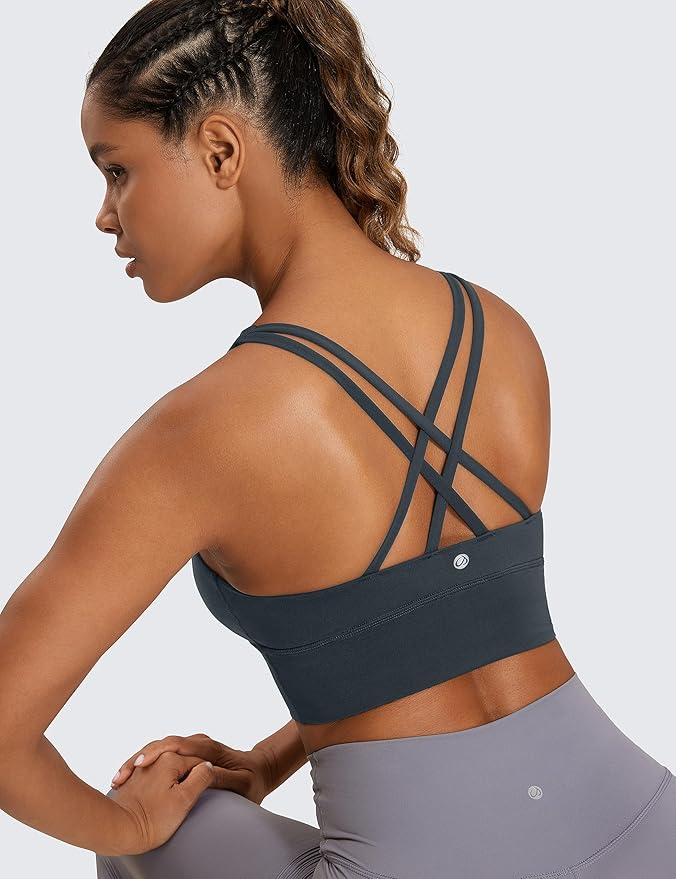 CRZ YOGA Naked Feeling Strappy Longline Sports Bras for Women - Medium Impact Criss Cross Yoga Padded Workout Crop Top