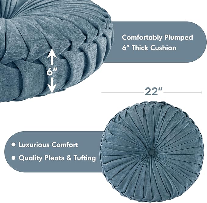 Intelligent Design Loretta Floor Pillow, Large Cushions Sitting for Adults, Floor Pillow for Meditation or Yoga, Lustrous Chenille Button Tufted, Pleated Design for Bench/Chair, 22"x22"x6", Aqua