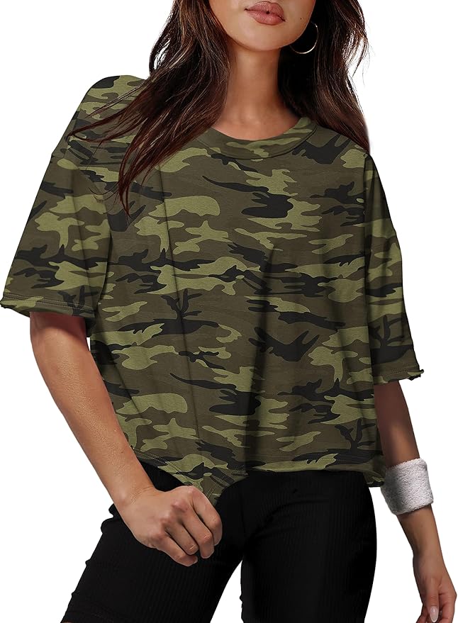 XIEERDUO Cotton Tshirts for Women Drop Shoulder Round Neck Oversized Crop Tops Workout Tops Tees