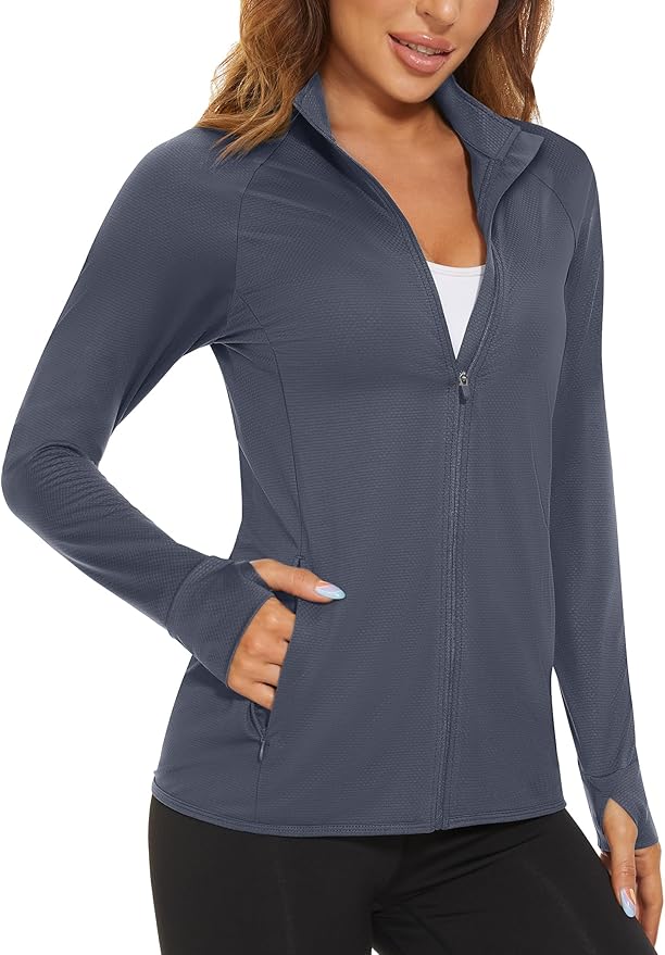 MAGCOMSEN Women's UPF 50+ Lightweight Athletic Jacket Sun Protection Full Zip Long Sleeve Shirts Hiking Outdoor Pockets