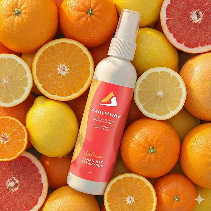 SwaytAway Travel Yoga Mat Cleaner Spray & Towel Kit, 4oz – Non Slip, No Rinse Plant-Based Citrus Essential Oil Mist for Gym, Pilates & Hot Yoga – Made in USA (1 Pack, Citrus)