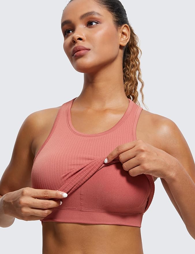 CRZ YOGA Seamless Ribbed High Neck Crop Tank Tops for Women - Longline Racerback Padded Sports Bras