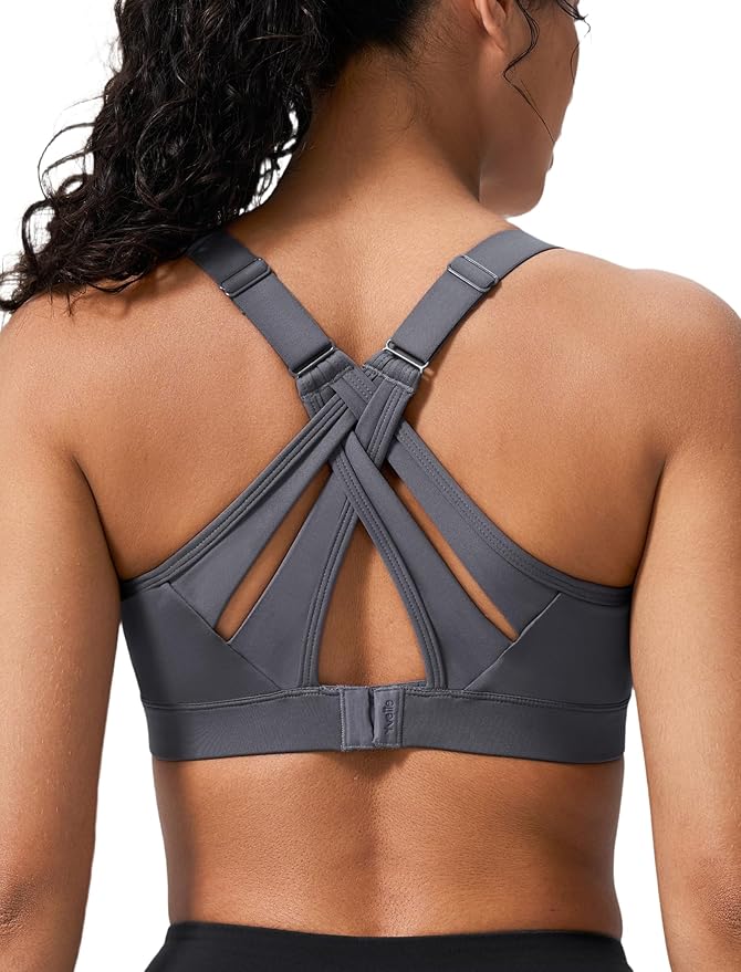 Yvette Sports Bra High Impact Adjustable Criss Cross Back, Full Support for Large Bust No Bounce