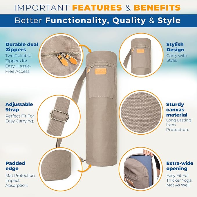 UDANA Yoga Mat Bag – Heavy Duty Canvas Carrier with 3 Pockets & Full Zip – Available in 3 Sizes (16L, 18L, 34L) - Multiple Colors