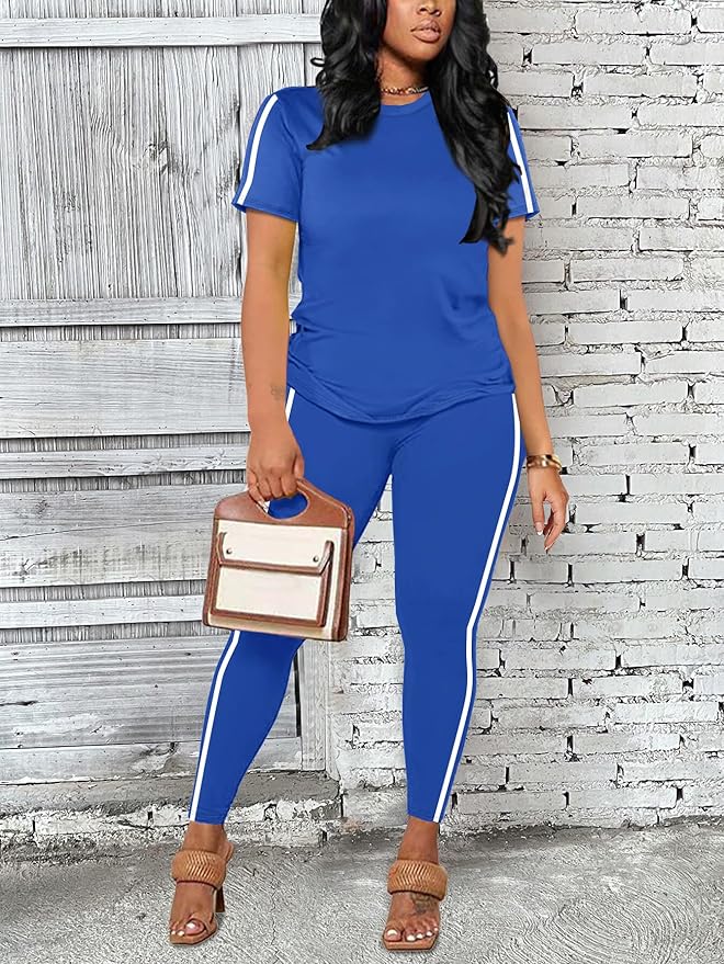 Women's 2 Piece Outfits Sweatsuit Summer Workout Striped Short Sleeve Long Sweatpants Casual Jogging Lounge Set