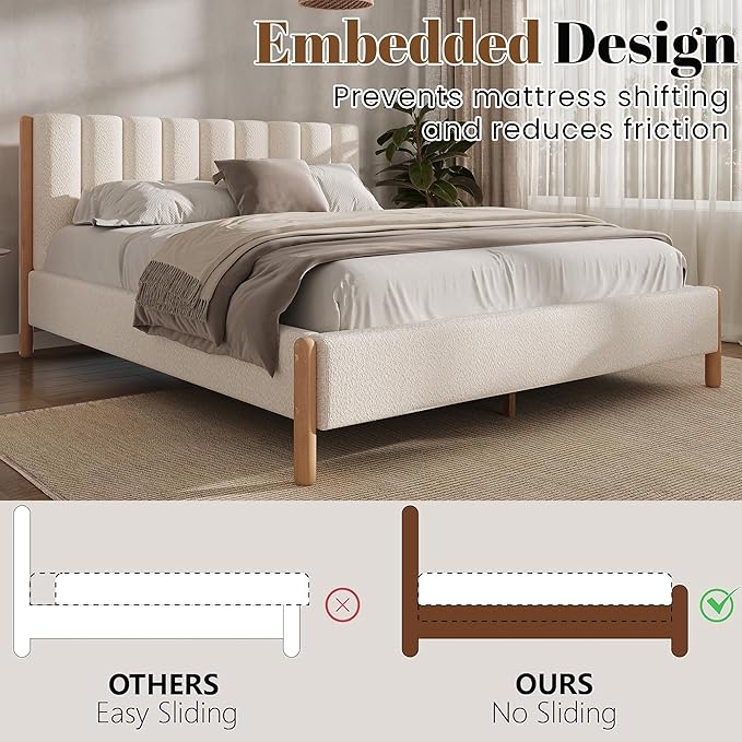 Queen Size Bed Frame with Boucle Upholstered Headboard, Solid Rubberwood Legs & Vertical Striped Design, Sturdy Wood Slat Support Boucle Bed Frame, No Box Spring Needed, White