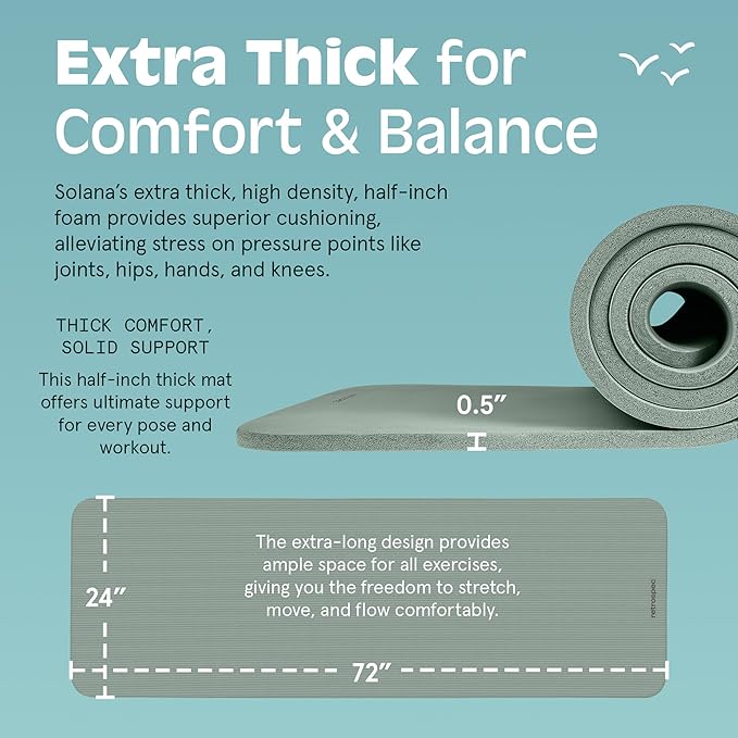 Retrospec Solana Yoga Mat Thick 1/2in Non-Slip Workout Mat with Nylon Strap - 72x24in Exercise Mat for Pilates, Stretching & Fitness - BPA Free, Easy Clean