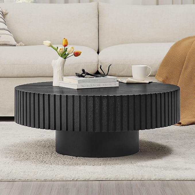 KEVINSPACE Round Coffee Table, 39" Big Wooden Fluted Coffee Table with Fluted Base, Circle Accent Center Table for Living Room Apartment Office Small Space, Easy Assembly, Black