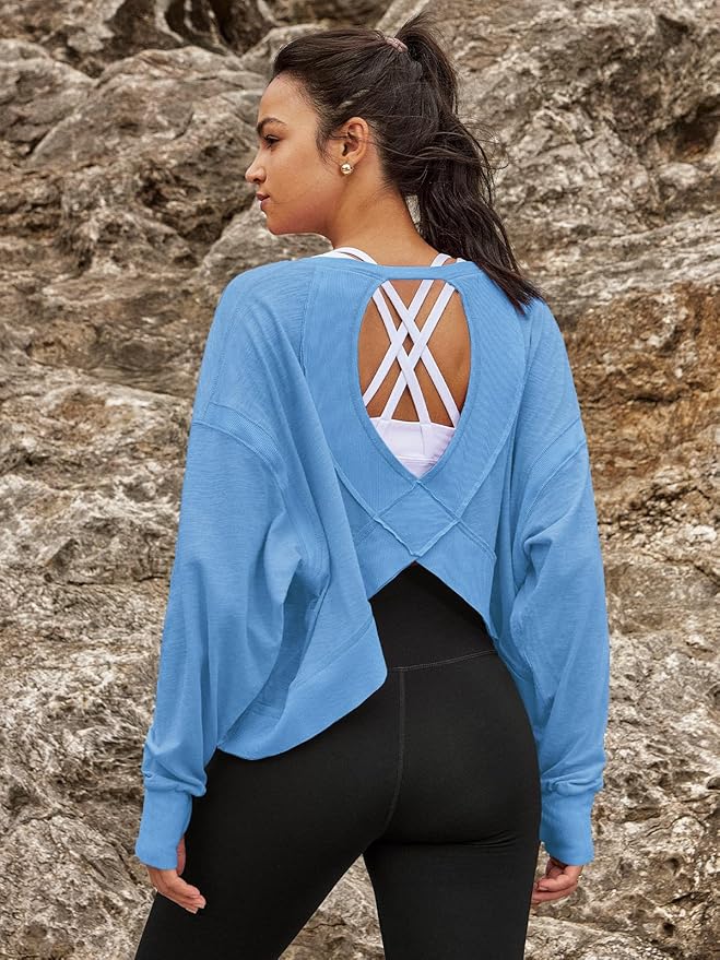 Panadila Womens Open Back Workout Top Long Sleeve Athletic Shirts Casual Crop Running Tee Y2k Yoga