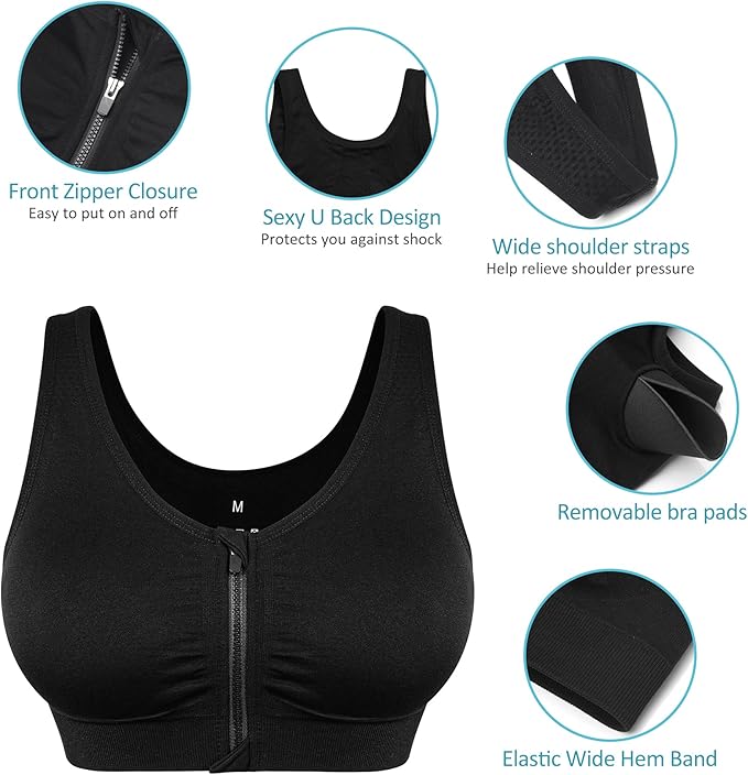 Women's Zip Front Sports Bra Wireless Post-Surgery Bra Active Yoga Sports Bras