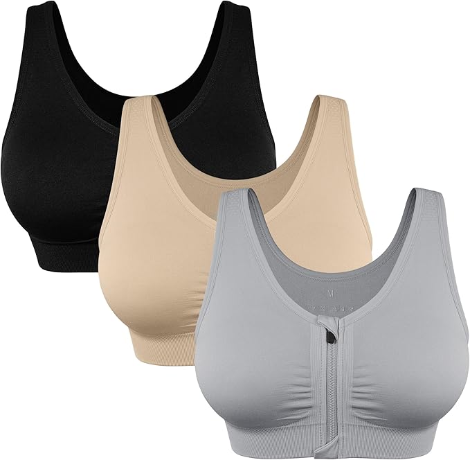 Women's Zip Front Sports Bra Wireless Post-Surgery Bra Active Yoga Sports Bras
