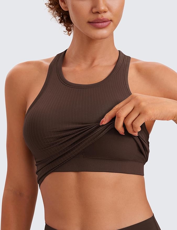 CRZ YOGA Seamless Ribbed High Neck Crop Tank Tops for Women - Longline Racerback Padded Sports Bras