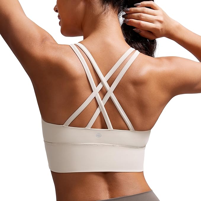 CRZ YOGA Naked Feeling Strappy Longline Sports Bras for Women - Medium Impact Criss Cross Yoga Padded Workout Crop Top