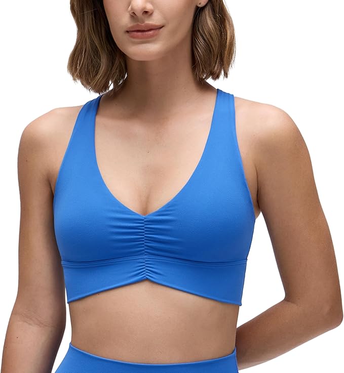 CRZ YOGA Butterluxe Ruched Longline Sports Bras for Women - V Neck Padded Yoga Tank Wide Straps Cross Back Crop Tops