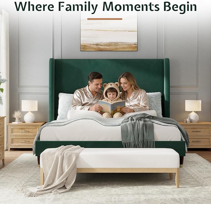 Jocisland Queen Size Bed Frame 51.2" Wingback Headboard Velvet Upholstered Platform Bed with Solid Wood Legs & Wooden Slats, No Box Spring Needed, Modern Minimalist Style, Easy Assembly, Dark Green