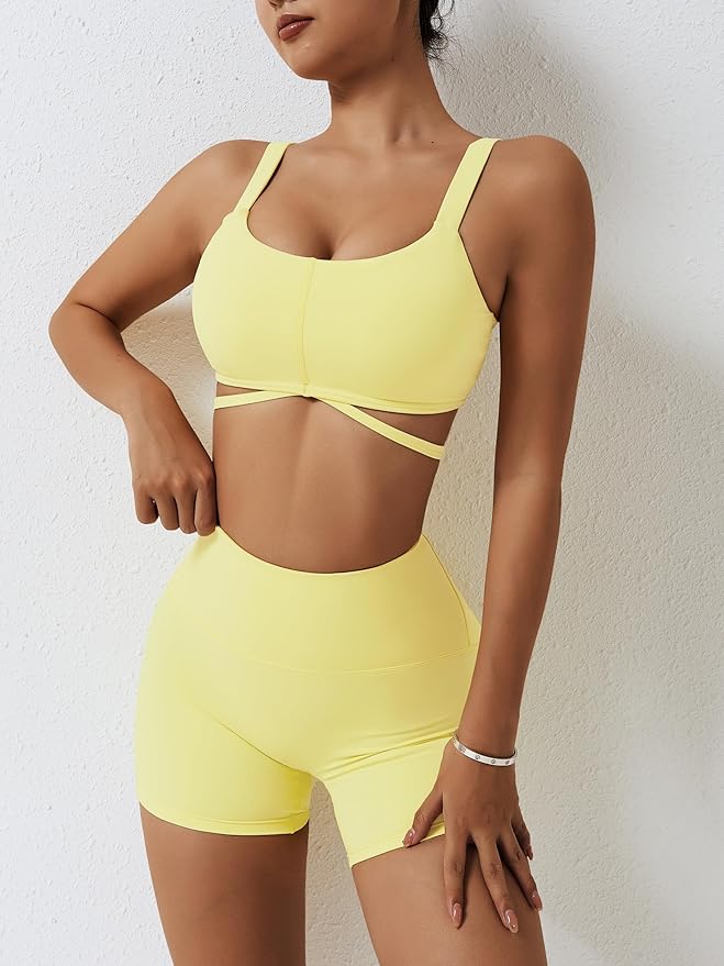 ABOCIW Workout Sets for Women 2 Piece Twist Front Halter Sports Bras High Waist Biker Shorts Exercise Gym Yoga Outfit