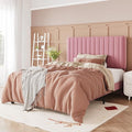 Allewie Twin Bed Frame, Velvet Upholstered Platform Bed with Adjustable Vertical Channel Tufted Headboard, Mattress Foundation with Strong Wooden Slats, Box Spring Optional, Easy Assembly, Pink