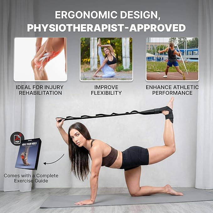 DMoose Fitness Foot & Calf Stretcher with Adjustable Padded Stretching Strap for Plantar Fasciitis, Hamstring, Heel Spurs and Achilles Tendonitis Relief - Yoga Leg Stretch Strap for Flexibility