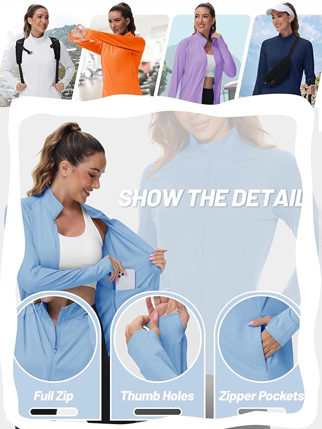 TACVASEN Women's Athletic Jackets Lightweight UV Protection Shirts Full Zip Workout Jacket UPF 50+ Long Sleeve Sun Shirt