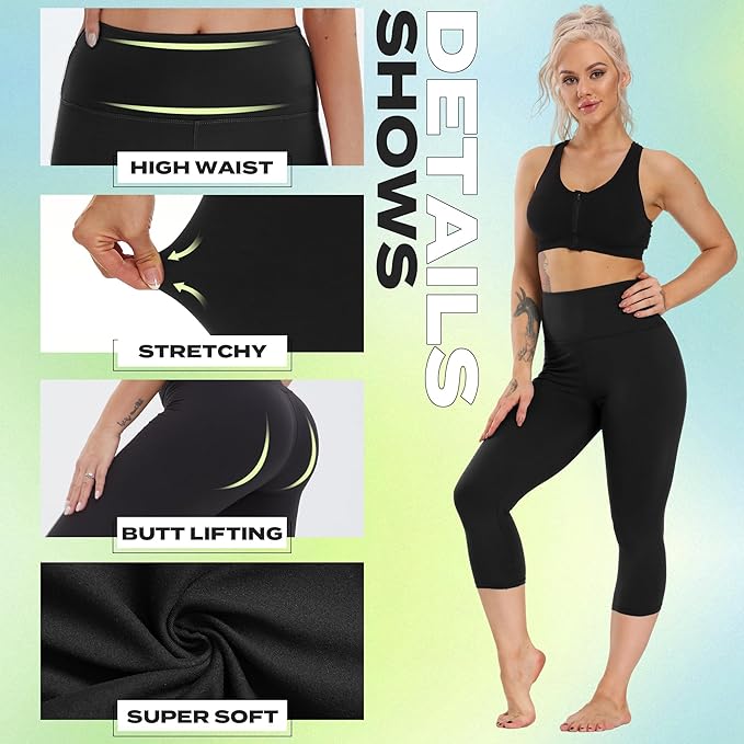 NexiEpoch 4 Pack Leggings for Women - High Waisted Tummy Control Soft Black Capri Yoga Pants with Pockets for Workout