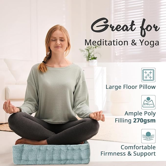 Intelligent Design Azza Floor Pillow, Large Cushions Sitting for Adults, Floor Pillow for Meditation or Yoga, Lustrous Chenille Tufted with Scalloped Edges for Bench/Chair Cushion, 20"x20"x5" Aqua