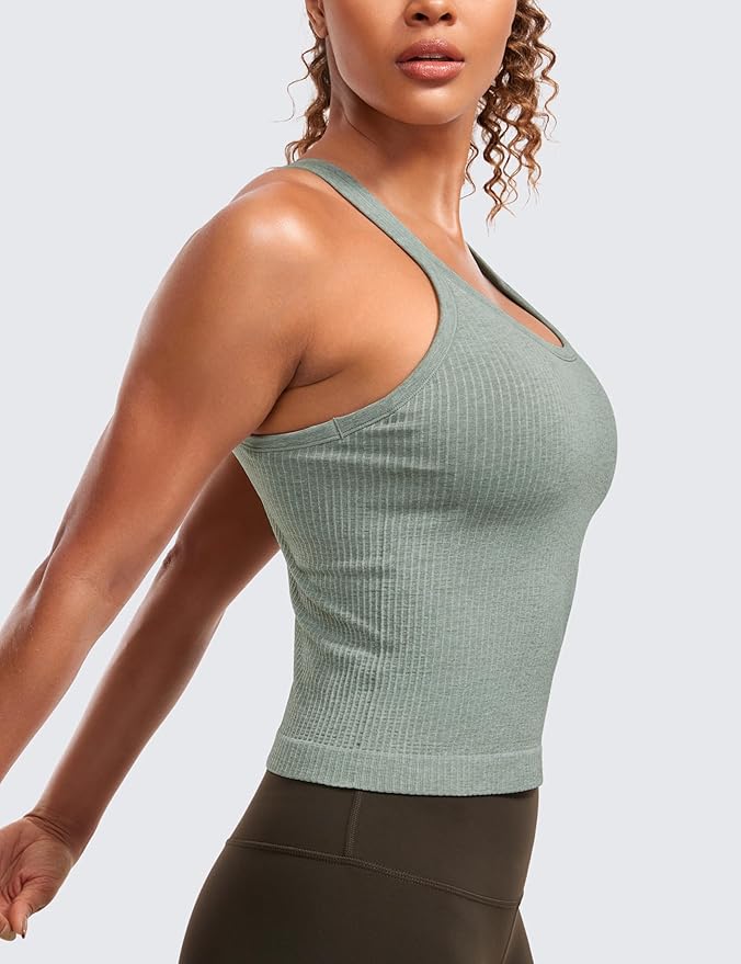 CRZ YOGA Seamless Ribbed Scoop Neck Tank Top for Women - Workout Racerback Padded Athletic Camisole with Built in Bra