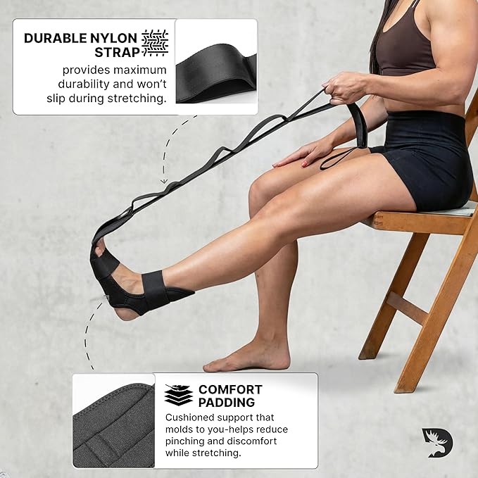 DMoose Fitness Foot & Calf Stretcher with Adjustable Padded Stretching Strap for Plantar Fasciitis, Hamstring, Heel Spurs and Achilles Tendonitis Relief - Yoga Leg Stretch Strap for Flexibility
