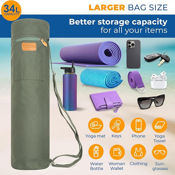 UDANA Yoga Mat Bag – Heavy Duty Canvas Carrier with 3 Pockets & Full Zip – Available in 3 Sizes (16L, 18L, 34L) - Multiple Colors