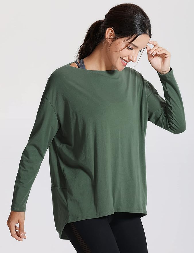 CRZ YOGA Pima Cotton Boat Neck Long Sleeve Shirts for Women - Workout Athletic Yoga Casual Tops Loose Fit Fall T-Shirts