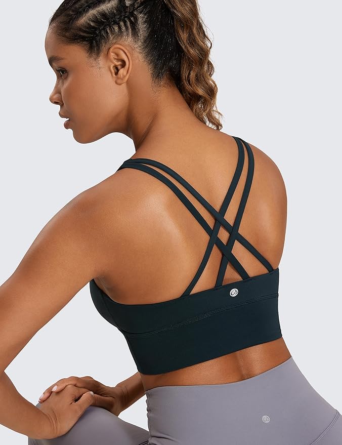 CRZ YOGA Naked Feeling Strappy Longline Sports Bras for Women - Medium Impact Criss Cross Yoga Padded Workout Crop Top