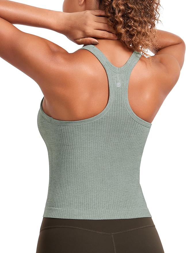 CRZ YOGA Seamless Ribbed Scoop Neck Tank Top for Women - Workout Racerback Padded Athletic Camisole with Built in Bra