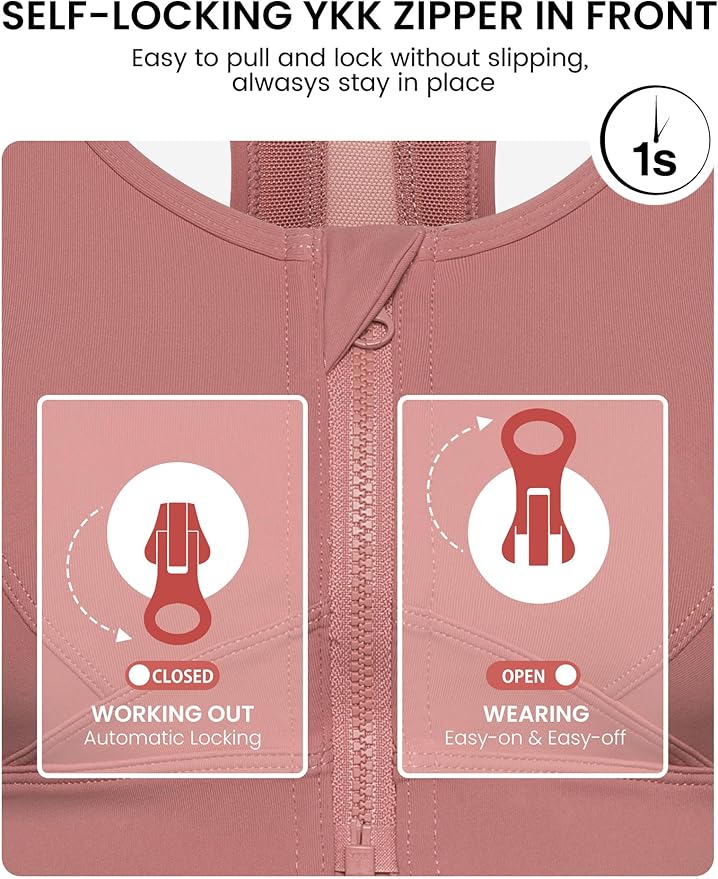 Yvette Zip Front Sports Bra - High Impact Sports Bras for Women Plus Size Workout Fitness Running
