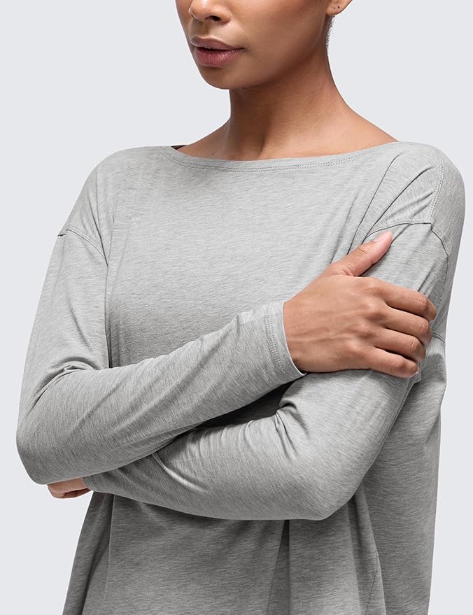 CRZ YOGA Pima Cotton Boat Neck Long Sleeve Shirts for Women - Workout Athletic Yoga Casual Tops Loose Fit Fall T-Shirts