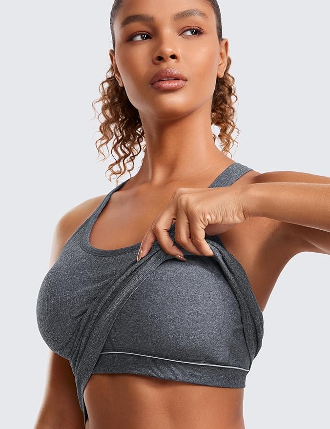 CRZ YOGA Seamless Ribbed Scoop Neck Tank Top for Women - Workout Racerback Padded Athletic Camisole with Built in Bra