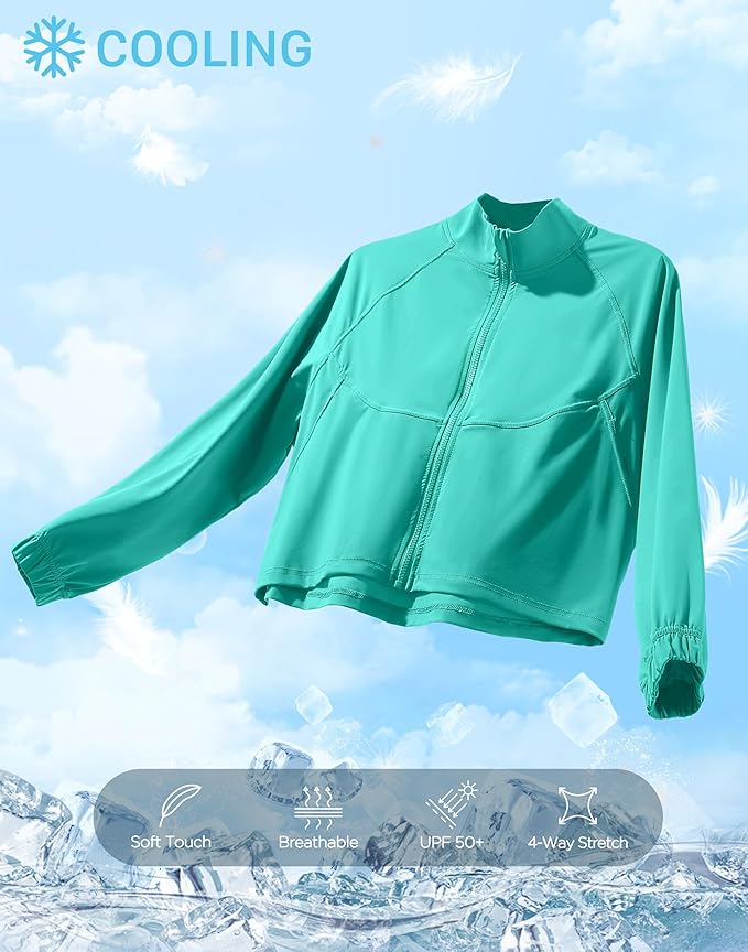 Soothfeel Women's Athletic workout Jacket Lightweight UPF 50+ Long Sleeve Sun Protection Shirts Zip Up Cropped Hiking Tops