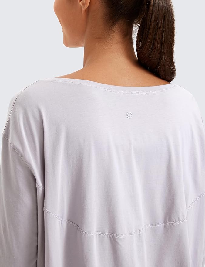 CRZ YOGA Pima Cotton Boat Neck Long Sleeve Shirts for Women - Workout Athletic Yoga Casual Tops Loose Fit Fall T-Shirts