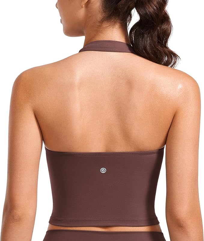 CRZ YOGA Butterluxe Halter Crop Tank Tops for Women - Open Back Padded Longline Sports Bras Workout Gym